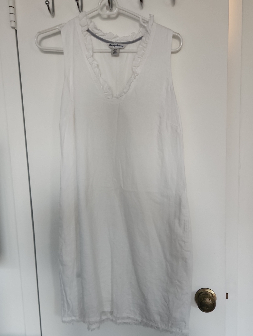 Tommy Bahama White Linen Sleeveless Ruffle V-Neck Shift Dress